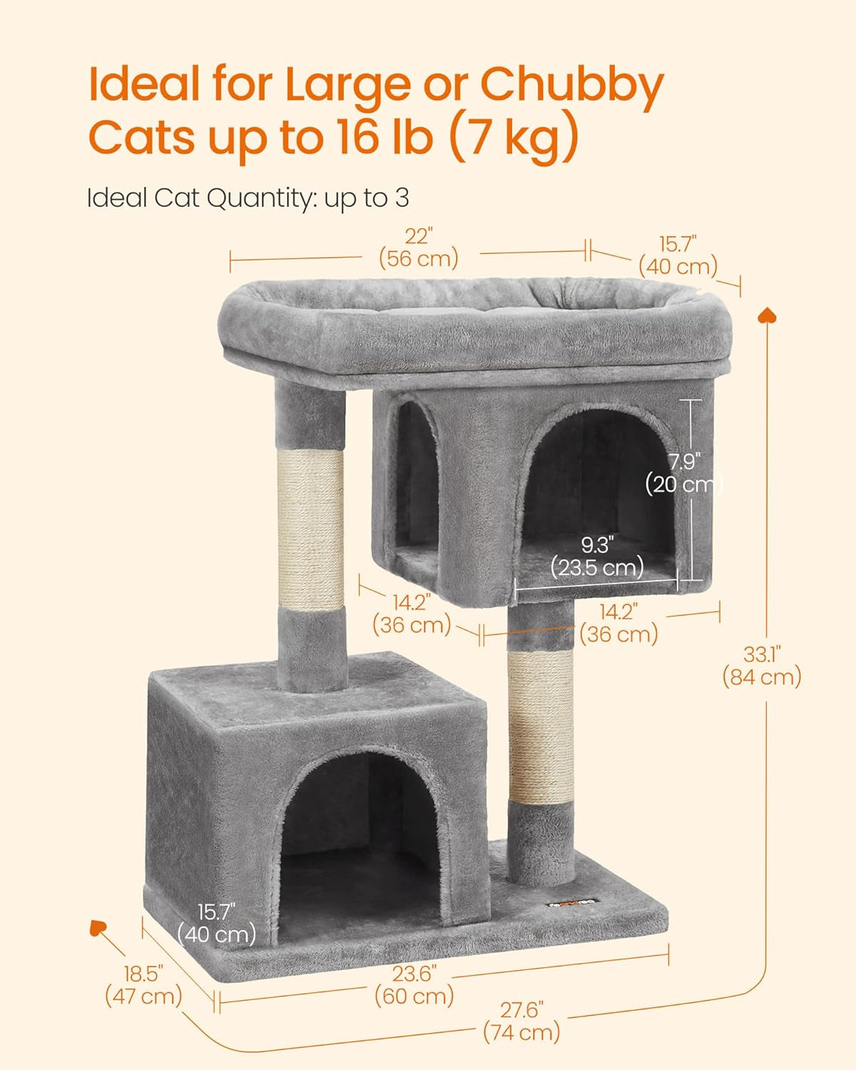 Deluxe 33.1-Inch Cat Tree Tower for Large Cats - Plush Condo, Spacious Perch, 2 Cozy Caves, and Scratching Post in Light Gray