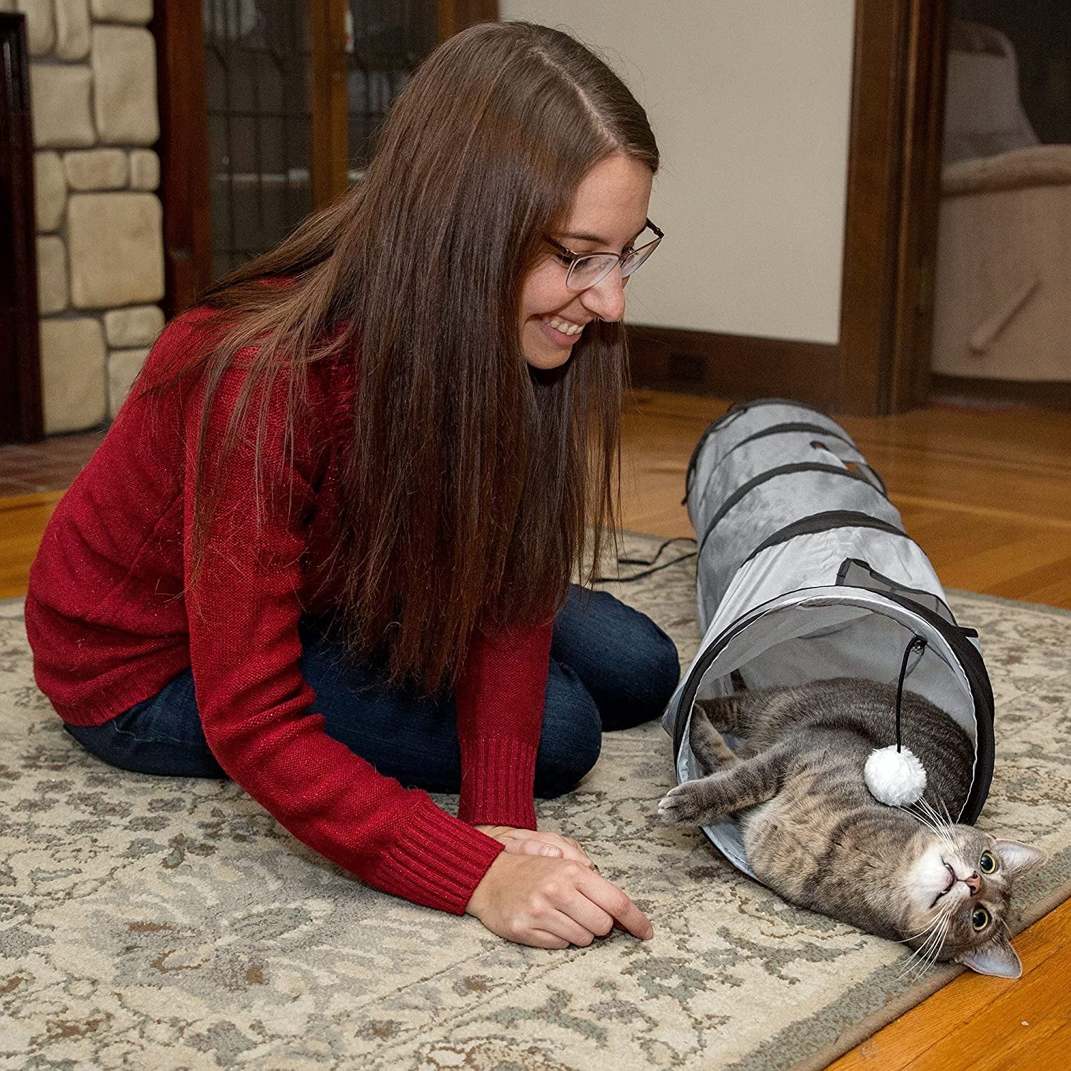 Collapsible Cat Tunnel with Peek Hole & Ball - Fun Hideaway Play Tube for Indoor Cats