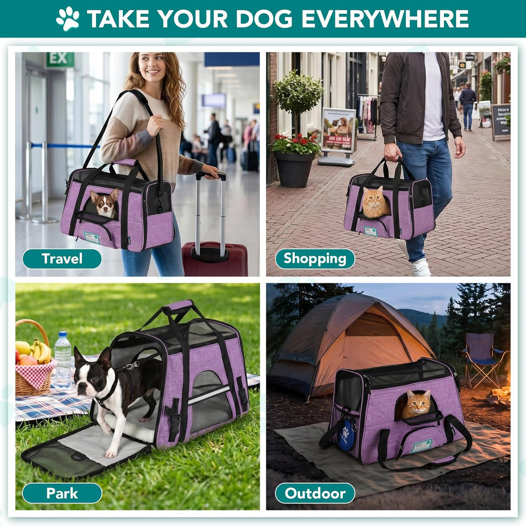 Airline Approved Soft Sided Pet Carrier for Cats & Small Dogs - Comfortable Travel Bag with Sherpa Bed, Breathable Mesh, Collapsible Bowl, Up to 18 Lbs, Stylish Heather Purple