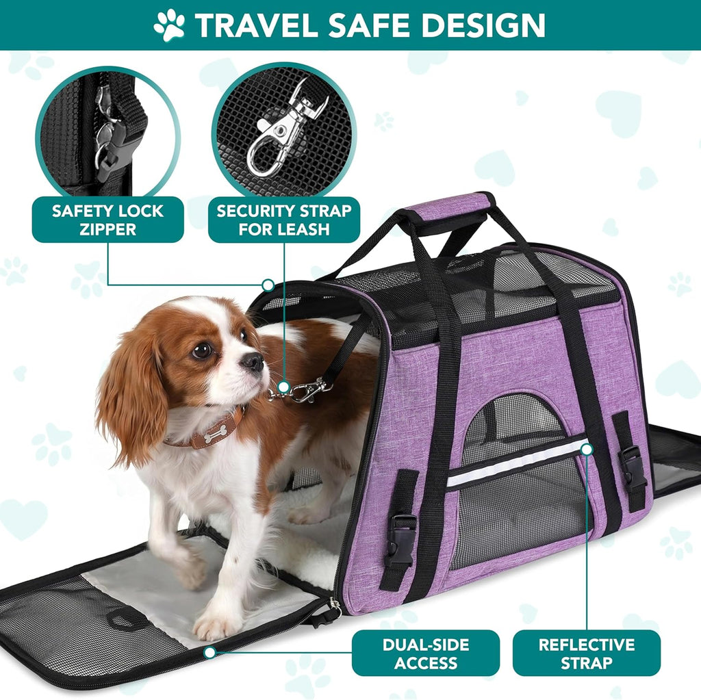 Airline Approved Soft Sided Pet Carrier for Cats & Small Dogs - Comfortable Travel Bag with Sherpa Bed, Breathable Mesh, Collapsible Bowl, Up to 18 Lbs, Stylish Heather Purple