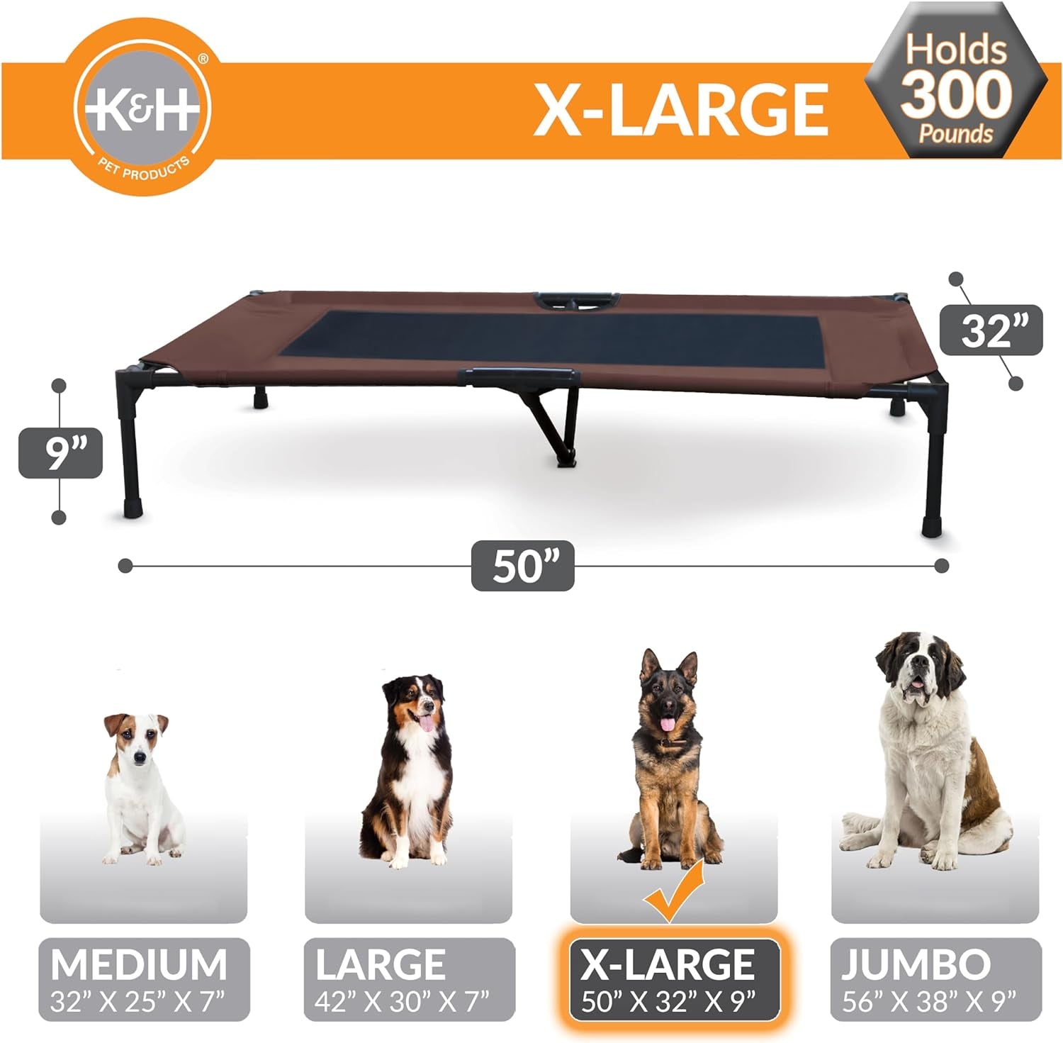  Outdoor Elevated Dog Bed - XL Cooling Raised Bed for Large Pets, Breathable Mesh Hammock Design, Washable Cover & Portable Metal Frame - Chocolate 50x32In