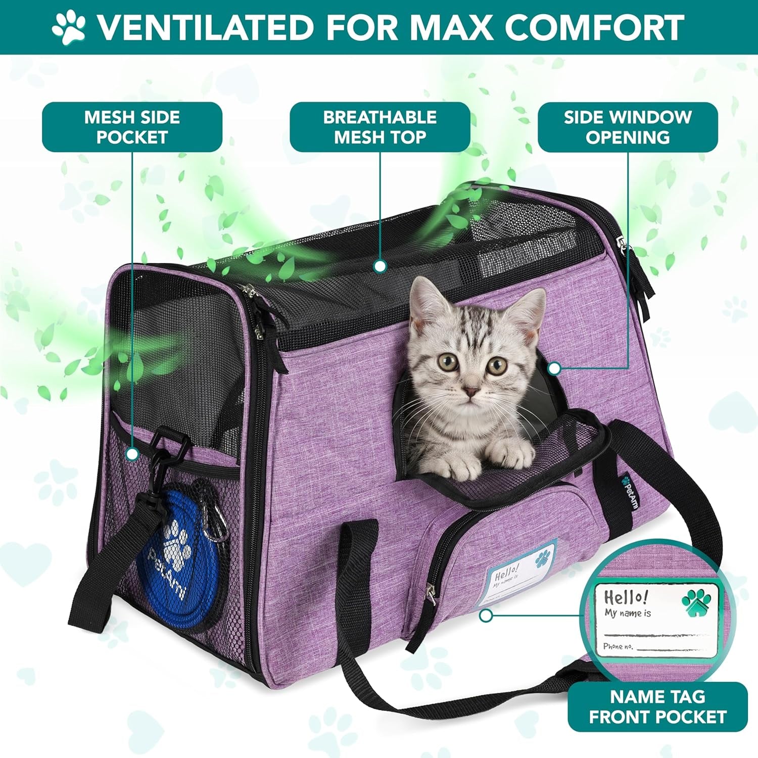 Airline Approved Soft Sided Pet Carrier for Cats & Small Dogs - Comfortable Travel Bag with Sherpa Bed, Breathable Mesh, Collapsible Bowl, Up to 18 Lbs, Stylish Heather Purple