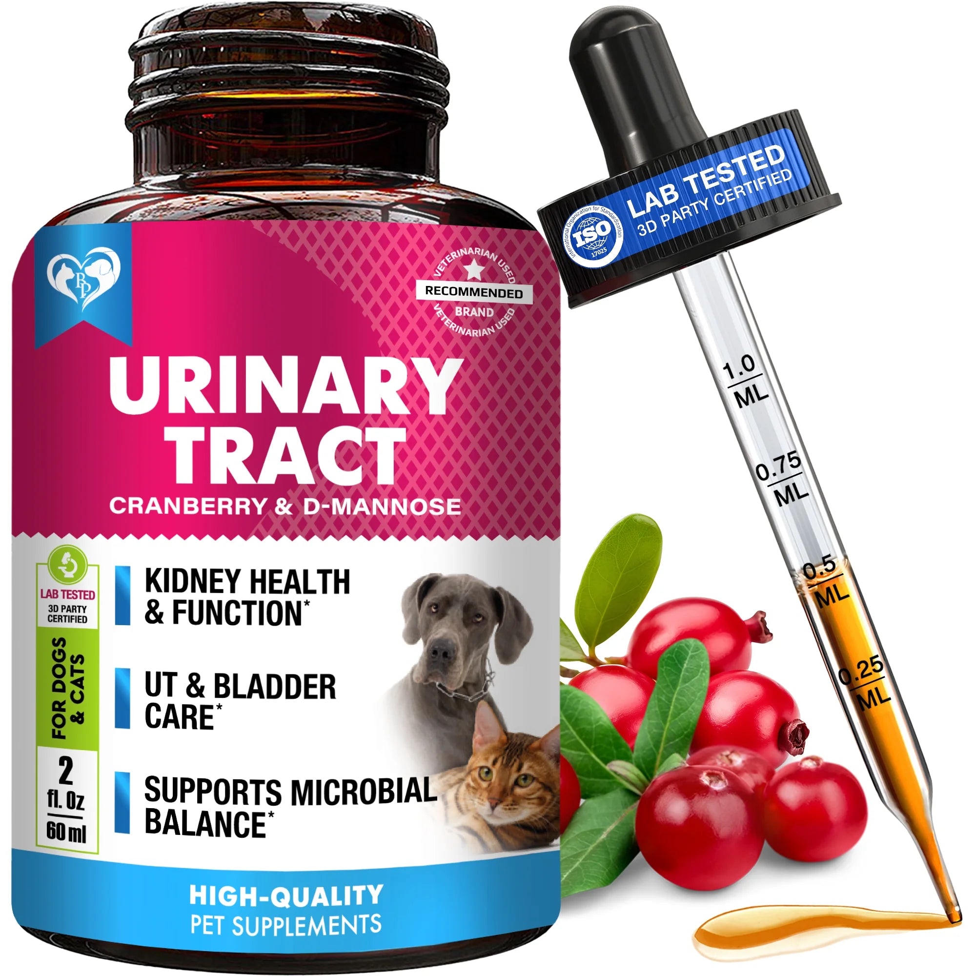 Premium Urinary Tract Support Liquid Drops for Dogs & Cats - Cranberry & D-Mannose for Optimal Kidney & Bladder Health