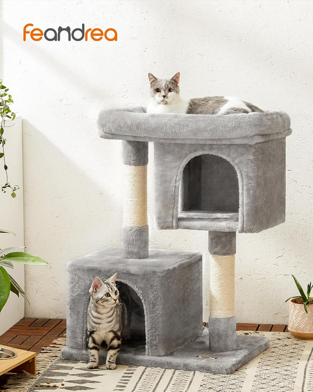 Deluxe 33.1-Inch Cat Tree Tower for Large Cats - Plush Condo, Spacious Perch, 2 Cozy Caves, and Scratching Post in Light Gray