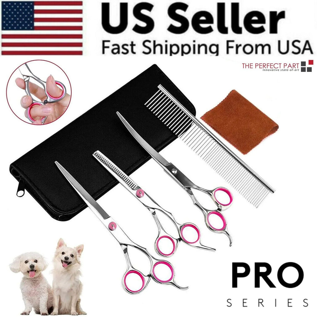 Professional Pet Dog Grooming Scissors Set - Stainless Steel Straight, Curved, and Thinning Shears