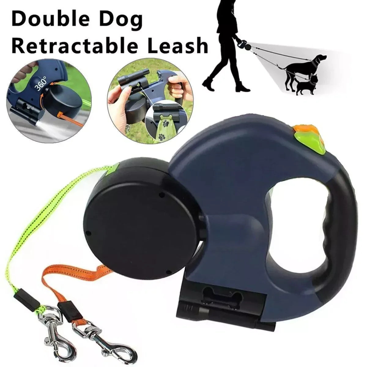 Revolutionary Dual Pet Leash - Retractable Reflective 360° Swivel for Effortless Double Dog Walking!