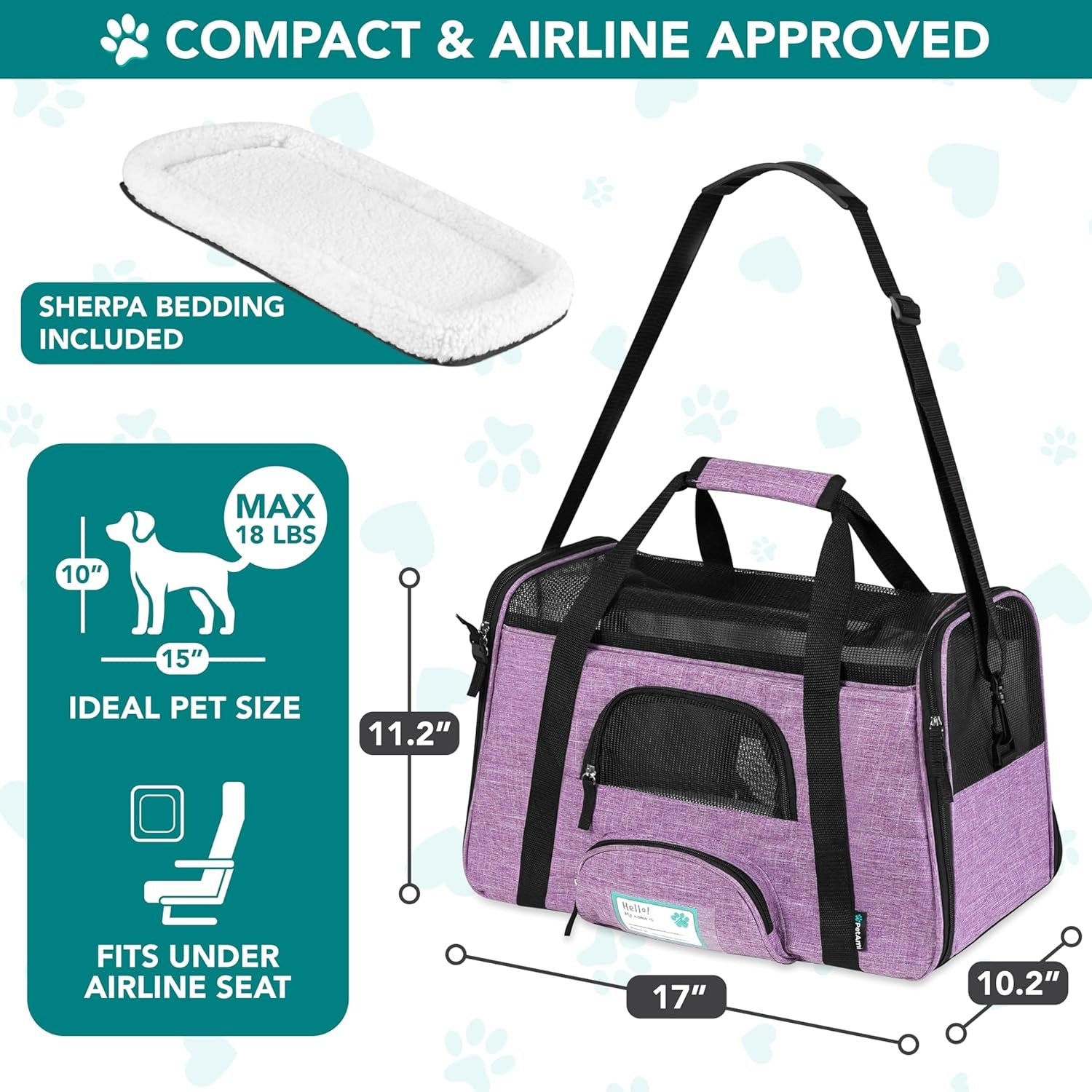 Airline Approved Soft Sided Pet Carrier for Cats & Small Dogs - Comfortable Travel Bag with Sherpa Bed, Breathable Mesh, Collapsible Bowl, Up to 18 Lbs, Stylish Heather Purple