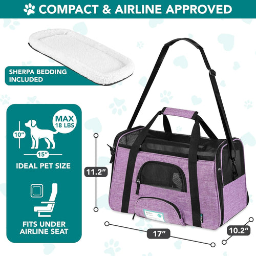 Airline Approved Soft Sided Pet Carrier for Cats & Small Dogs - Comfortable Travel Bag with Sherpa Bed, Breathable Mesh, Collapsible Bowl, Up to 18 Lbs, Stylish Heather Purple