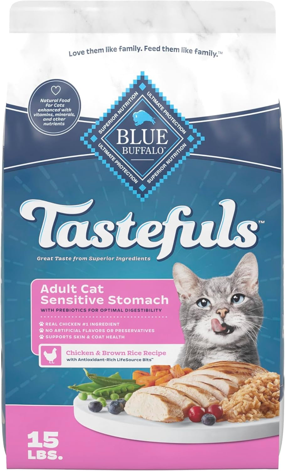 Tastefuls Natural Chicken & Brown Rice Dry Cat Food for Sensitive Stomachs - 15-Lb Bag