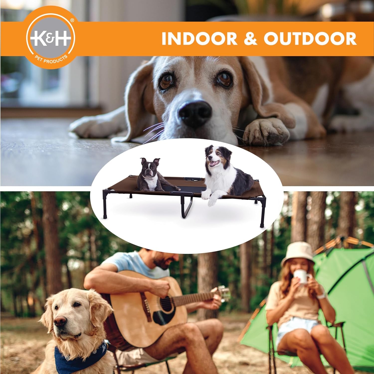  Outdoor Elevated Dog Bed - XL Cooling Raised Bed for Large Pets, Breathable Mesh Hammock Design, Washable Cover & Portable Metal Frame - Chocolate 50x32In