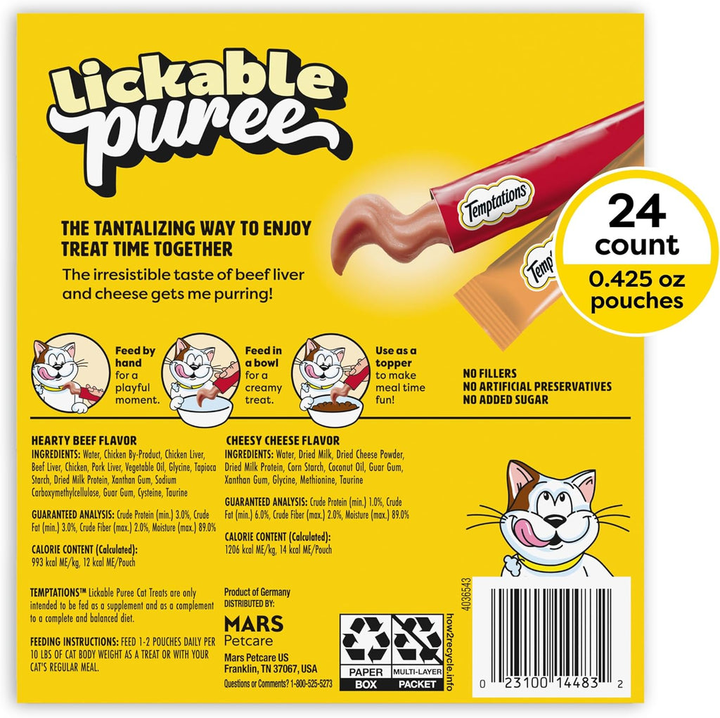 Indulgent Creamy Puree Cat Treats - Beef Liver & Cheese Variety Pack, 24 Squeezable Tubes, 0.42 Oz Each