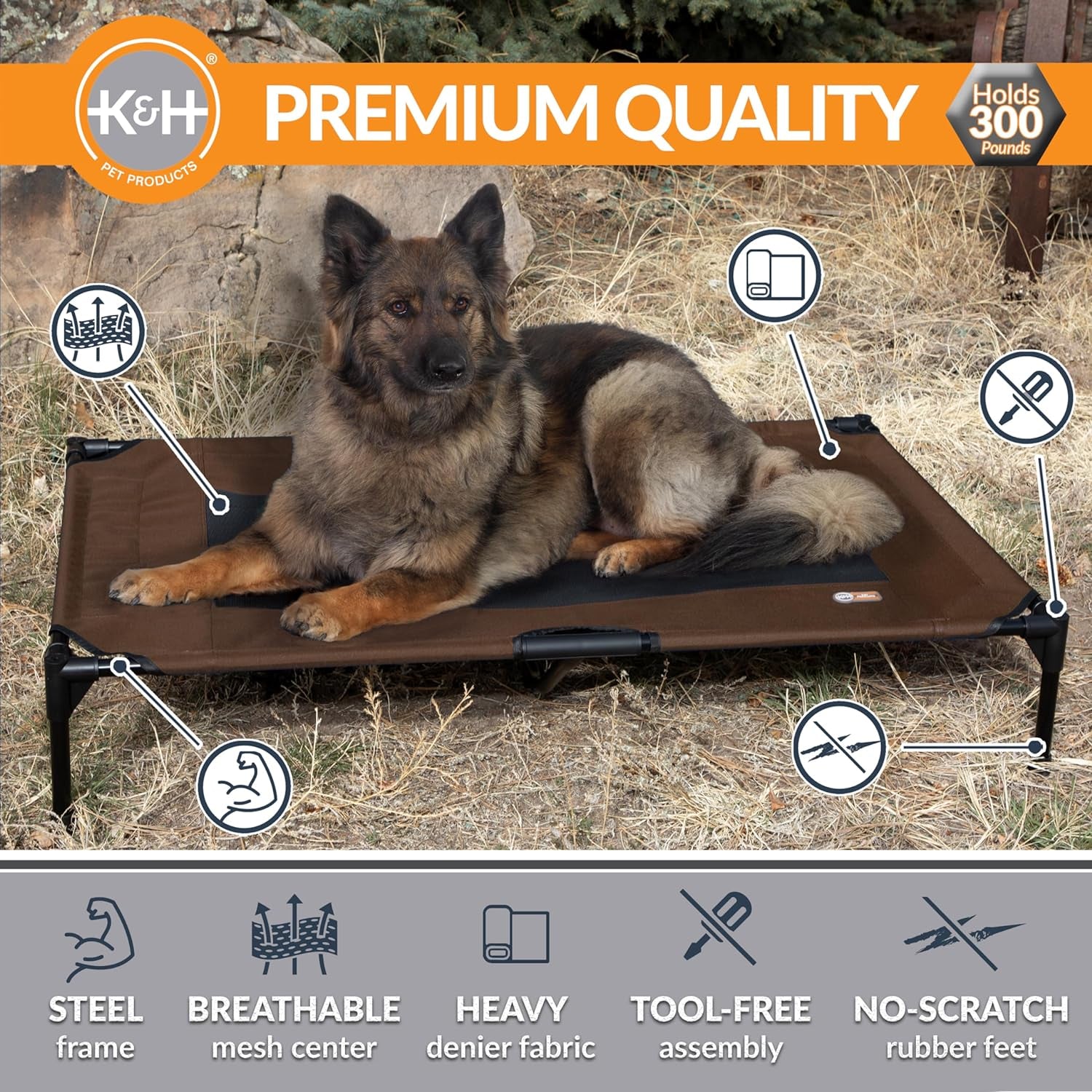  Outdoor Elevated Dog Bed - XL Cooling Raised Bed for Large Pets, Breathable Mesh Hammock Design, Washable Cover & Portable Metal Frame - Chocolate 50x32In