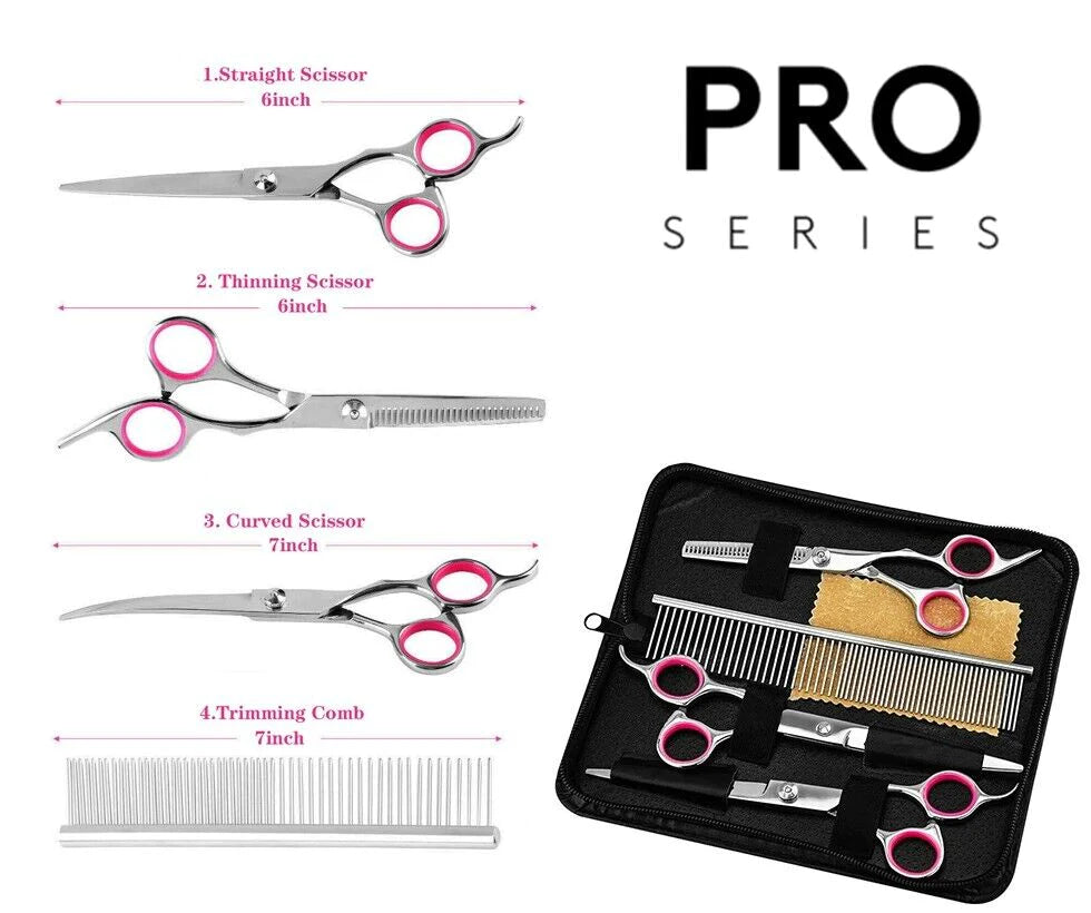 Professional Pet Dog Grooming Scissors Set - Stainless Steel Straight, Curved, and Thinning Shears