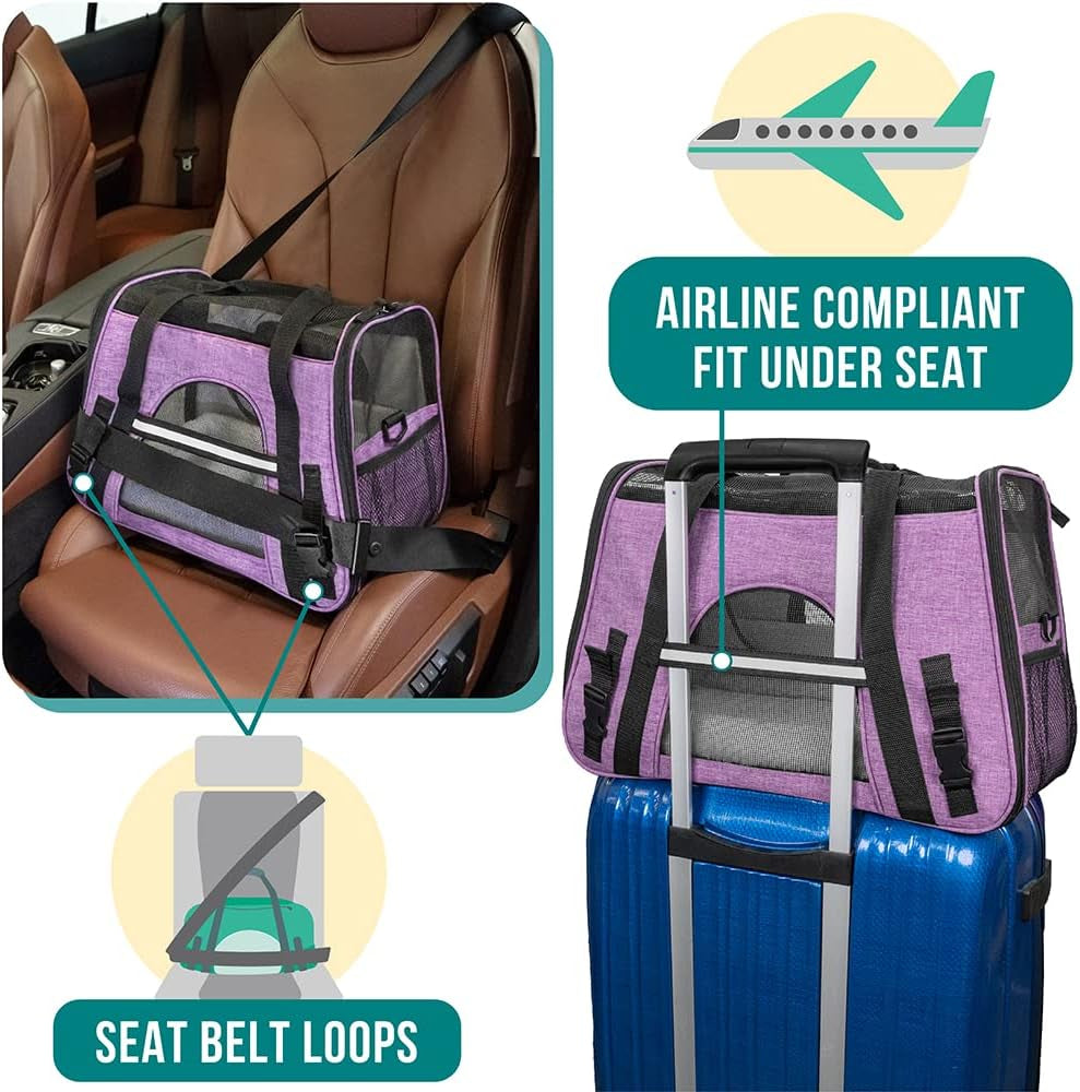 Airline Approved Soft Sided Pet Carrier for Cats & Small Dogs - Comfortable Travel Bag with Sherpa Bed, Breathable Mesh, Collapsible Bowl, Up to 18 Lbs, Stylish Heather Purple
