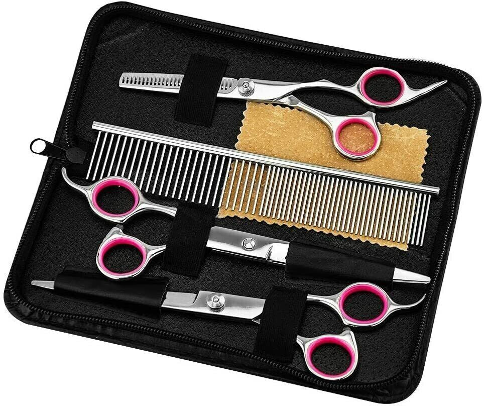 Professional Pet Dog Grooming Scissors Set - Stainless Steel Straight, Curved, and Thinning Shears