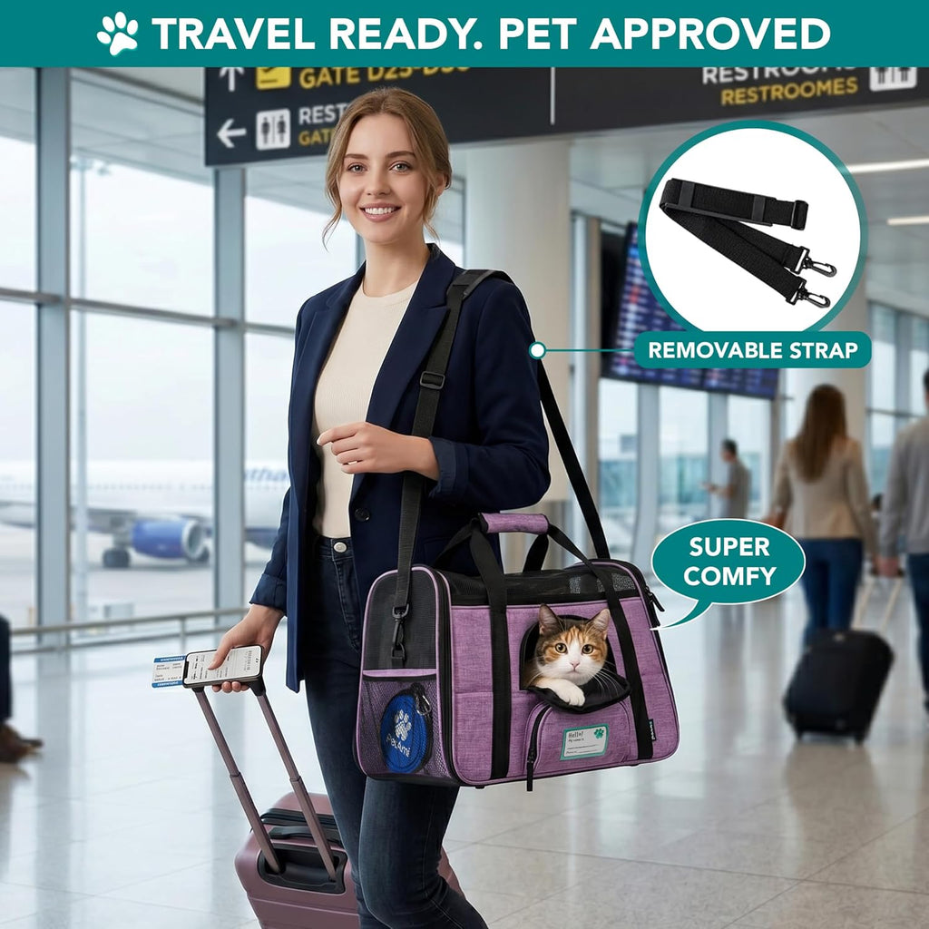 Airline Approved Soft Sided Pet Carrier for Cats & Small Dogs - Comfortable Travel Bag with Sherpa Bed, Breathable Mesh, Collapsible Bowl, Up to 18 Lbs, Stylish Heather Purple