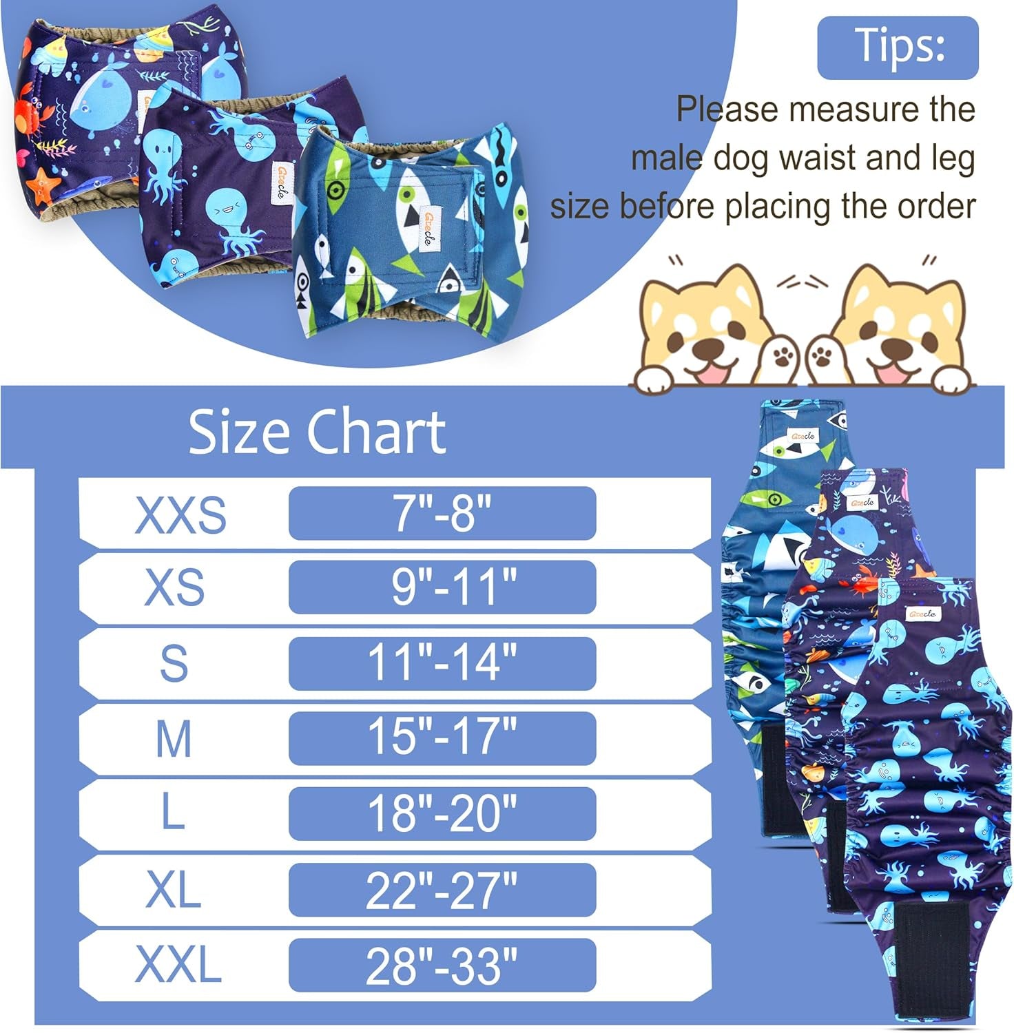 Premium Reusable Male Dog Diapers - 3 Pack Washable Belly Bands for XL Dogs, High Absorbency for Incontinence, Excitable Urination & Training (Seafloor Design)